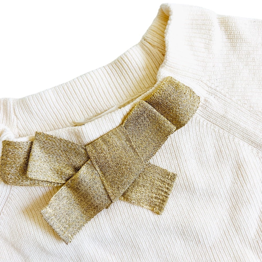 J. CREW Kids CREWCUTS Cream with Gold Bow Cotton Ribbed Sweater Sz 6-7 - Picture 3 of 11